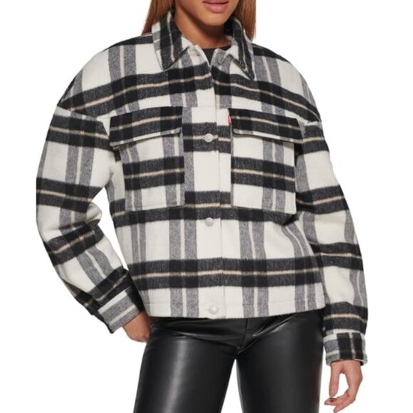 NWT Levi's Women's White Wool Plaid Quilted Shorty Cropped Shacket Jacket Size S - Picture 1 of 11
